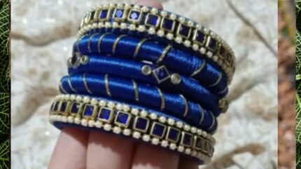 Premium Royal Blue Silk Thread Kundan Bangle Set