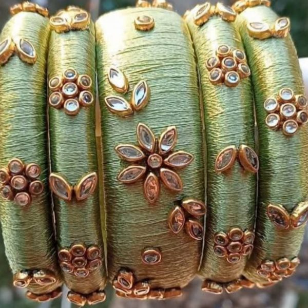 Premium Olive Green Silk Thread Floral Kundan Bangle Set