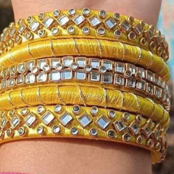 Premium Radiant Yellow Silk Thread Kundan Bangle Set