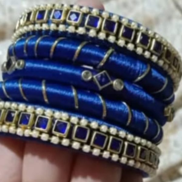 Premium Royal Blue Silk Thread Kundan Bangle Set