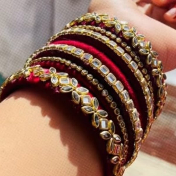 Luxury Maroon Silk Thread Kundan Bridal Bangle Set