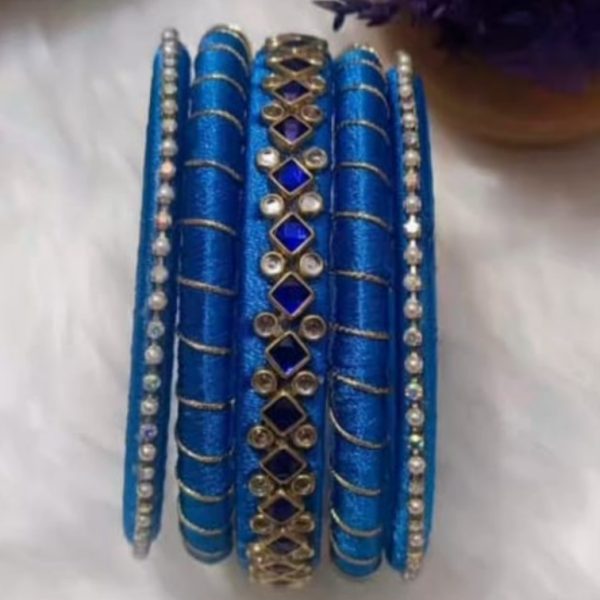 Premium Sky Blue Silk Thread Diamond Pattern Bangle Set